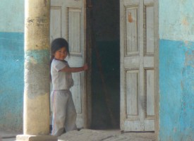 Blue girl at door